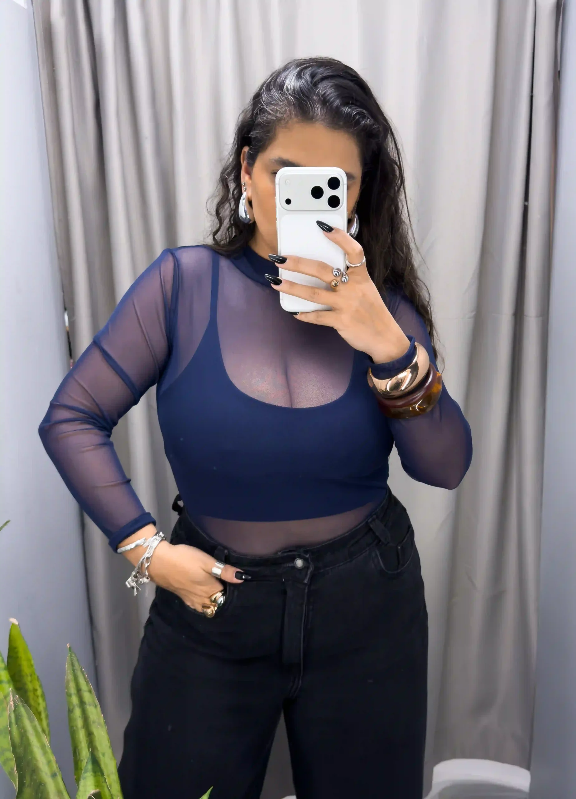 Body Tule Manga Longa com Gola