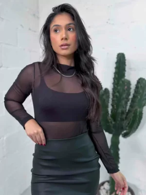 Body Tule Manga Longa com Gola