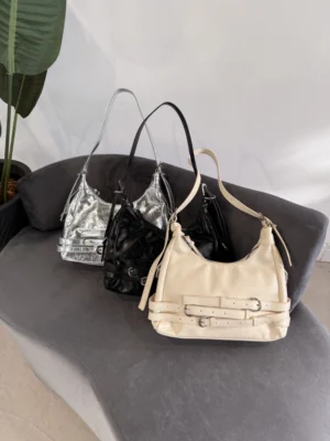 Bolsa Baguete Três Fivelas Feminina Courino Couro Pu Bolsos] (5)