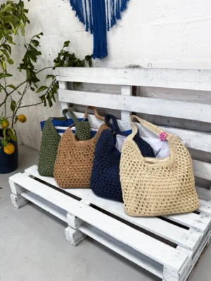 Bolsa Grande de Palha Feminina Azul Bege Marrom (1)