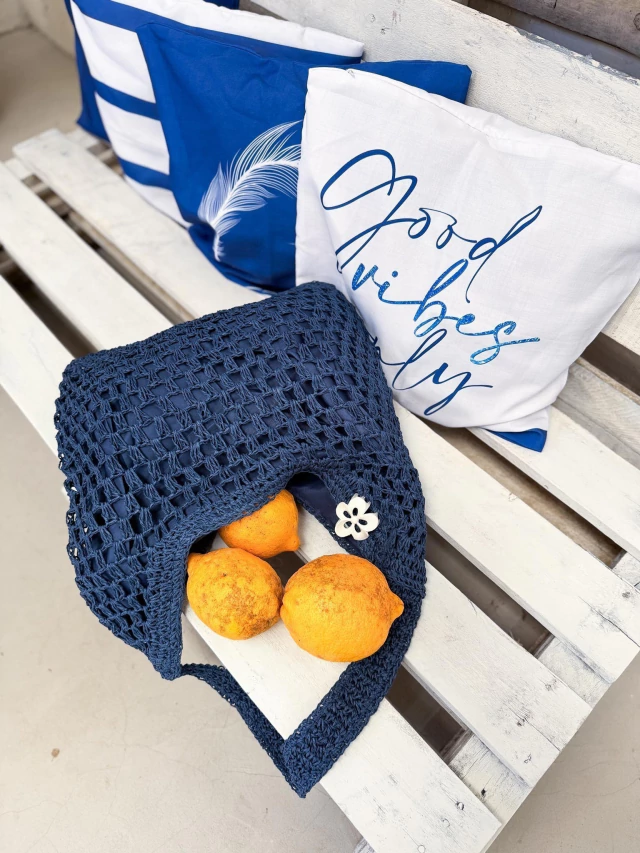 Bolsa Grande de Palha Feminina Azul Bege Marrom (1)