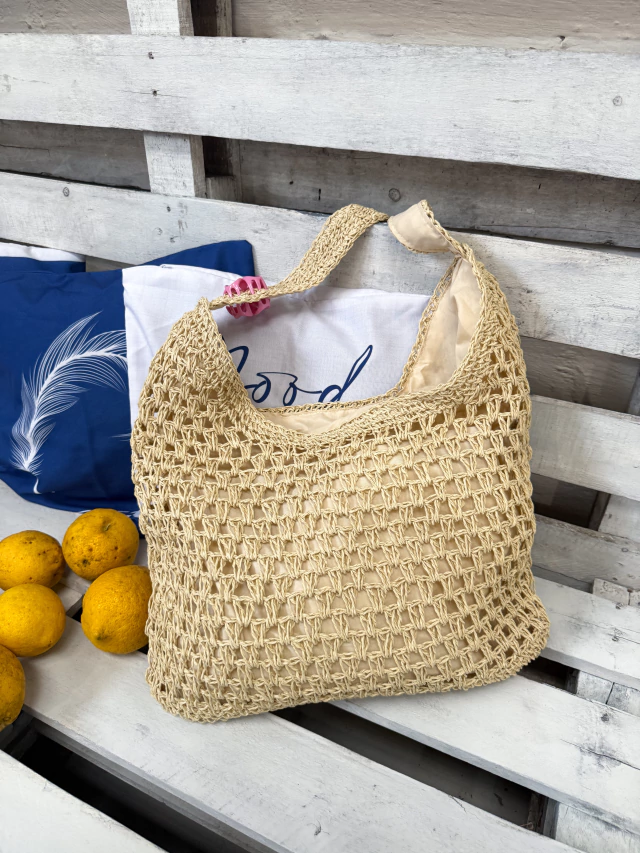 Bolsa Grande de Palha Feminina Azul Bege Marrom (1)