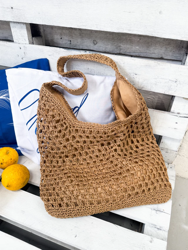 Bolsa Grande de Palha Feminina Azul Bege Marrom (1)