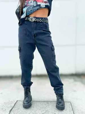 Calça Jeans Baggy Cargo Preto Estonado