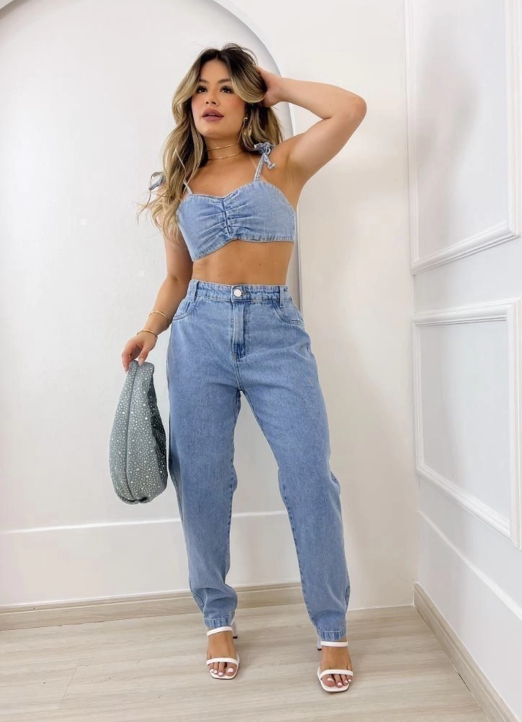 Conjunto Jeans Claro Top e Calça