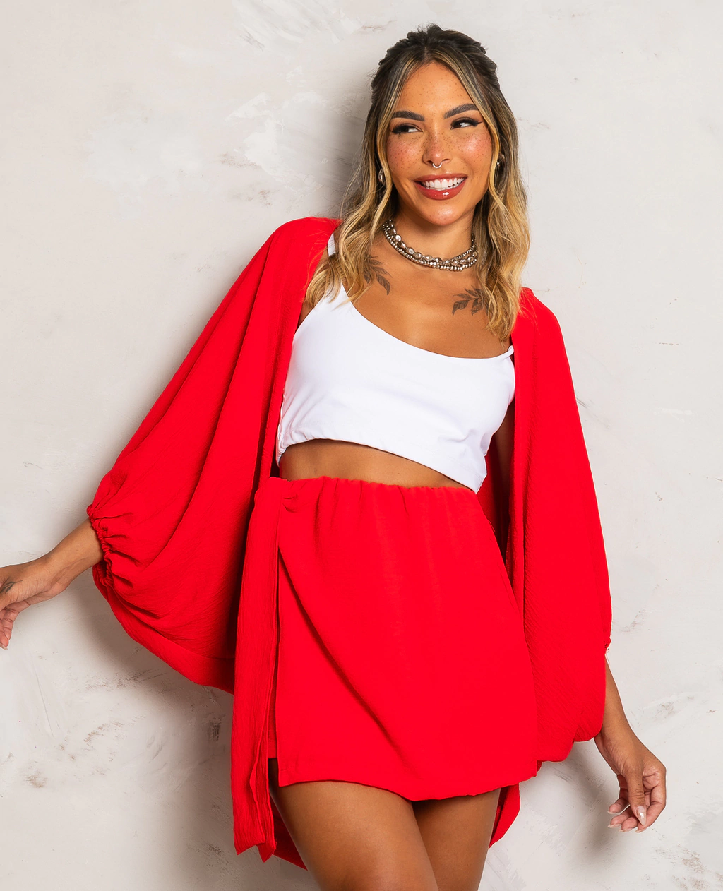 Conjunto Short Saia e Kimono Liso