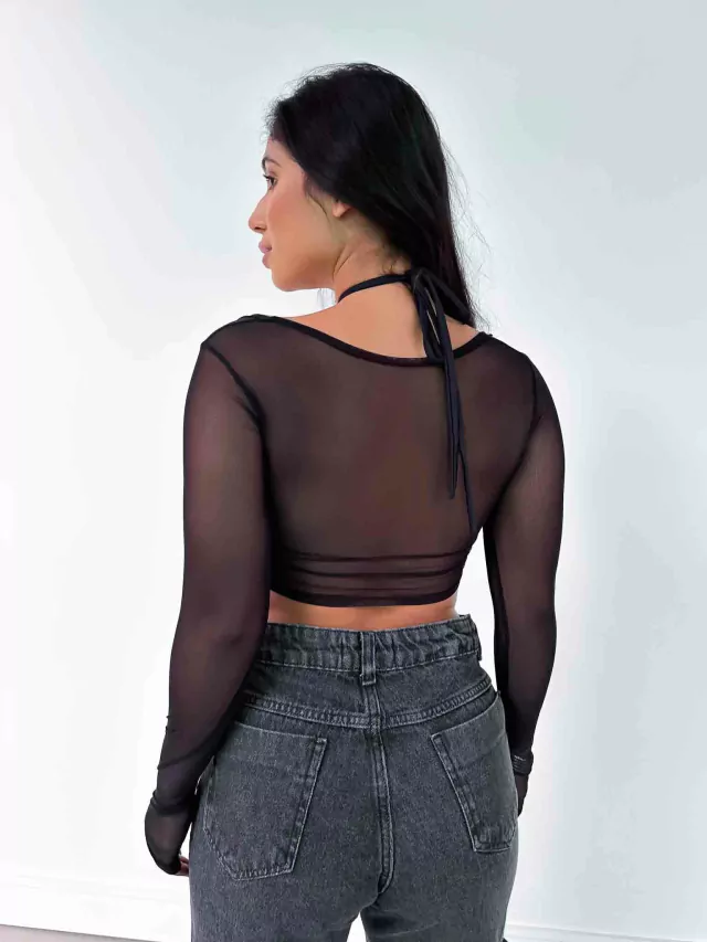 Cropped Manga Longa de Tule Decote X