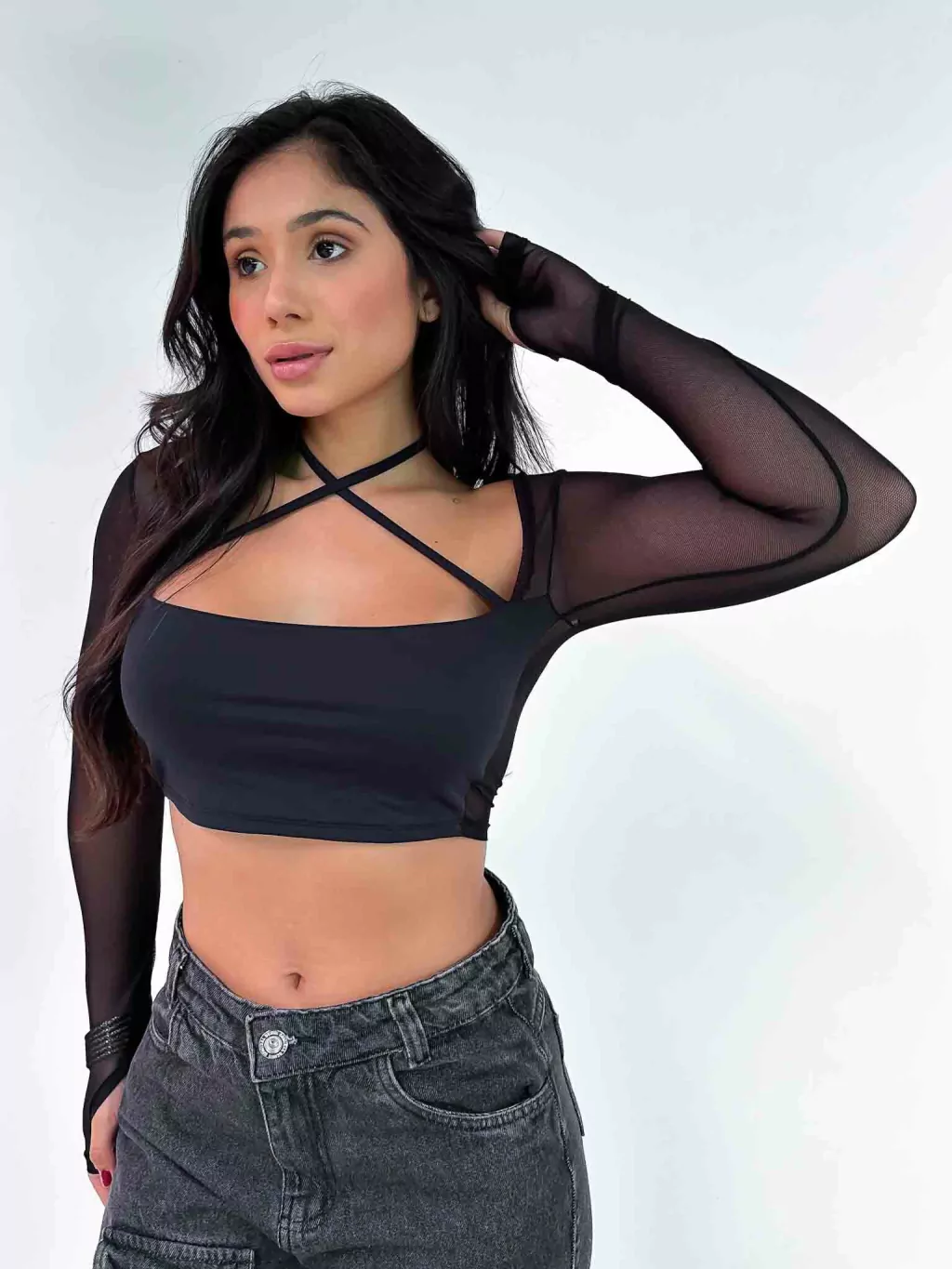 Cropped Manga Longa de Tule Decote X