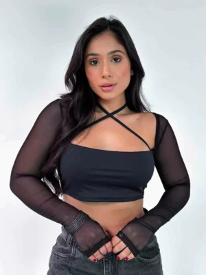 Cropped Manga Longa de Tule Decote X