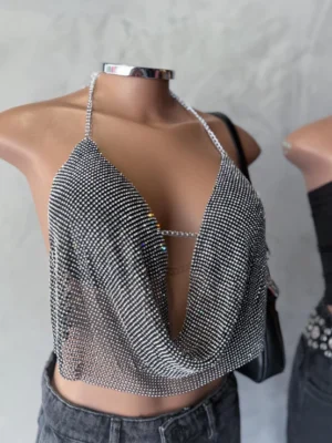 Cropped de Bojo Frente Unica com Strass Prata