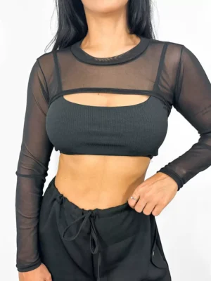 Mini Cropped Tule Manga Longa