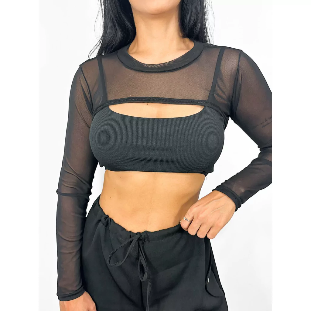 Mini Cropped Tule Manga Longa