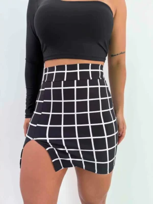 Saia Xadrez Preto e Branco com Fenda