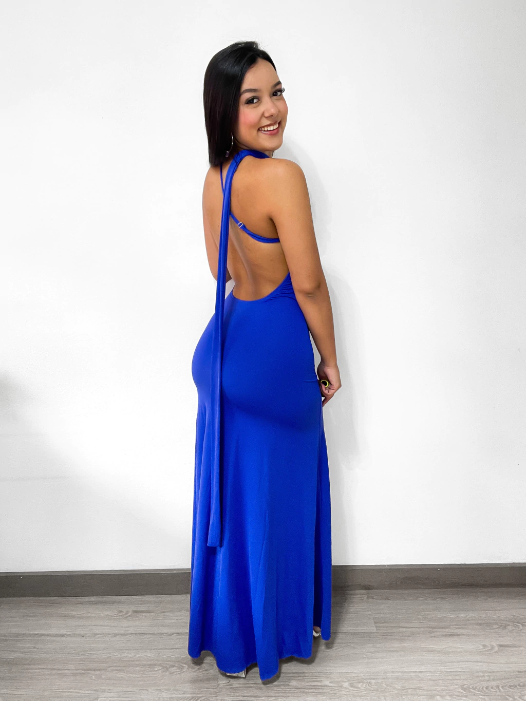 Vestido Longo Poliamida de Gola com Fenda
