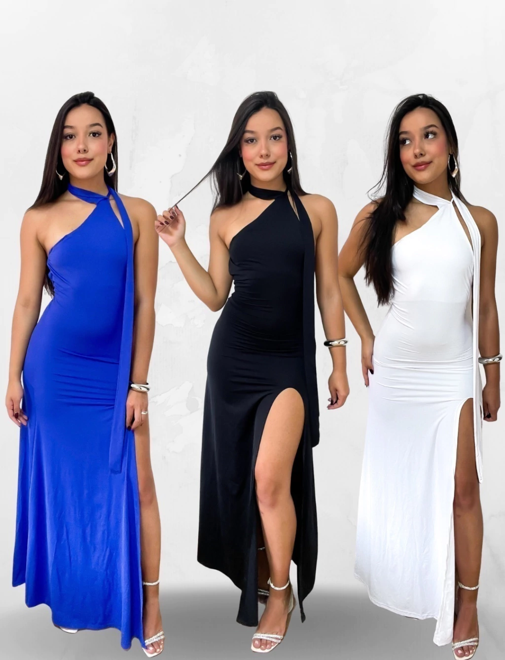 Vestido Longo Poliamida de Gola com Fenda