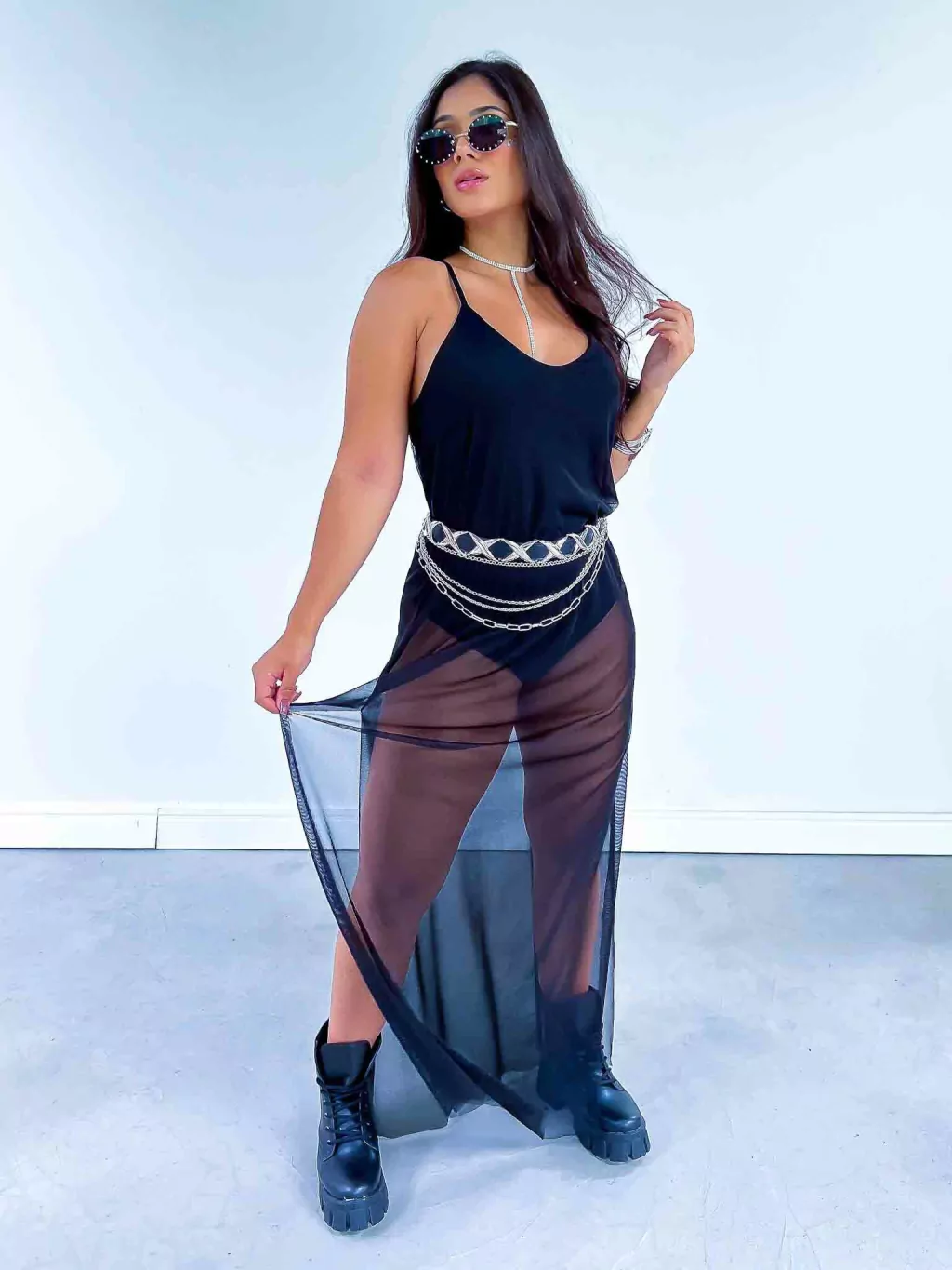 Vestido Longo de Tule com Body Embutido