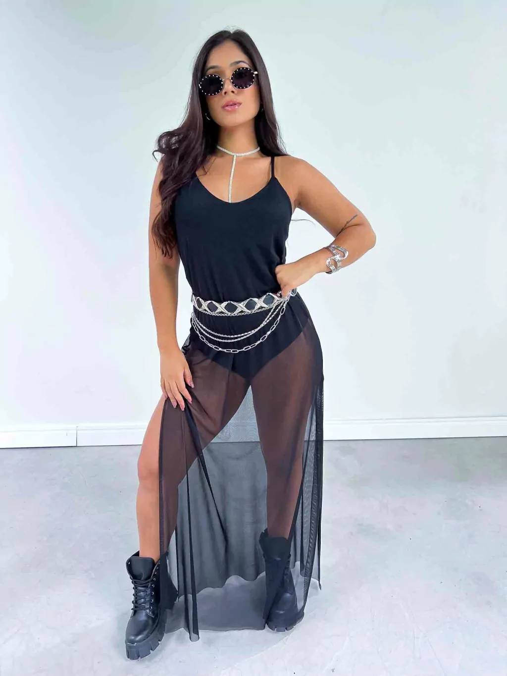 Vestido Longo de Tule com Body Embutido