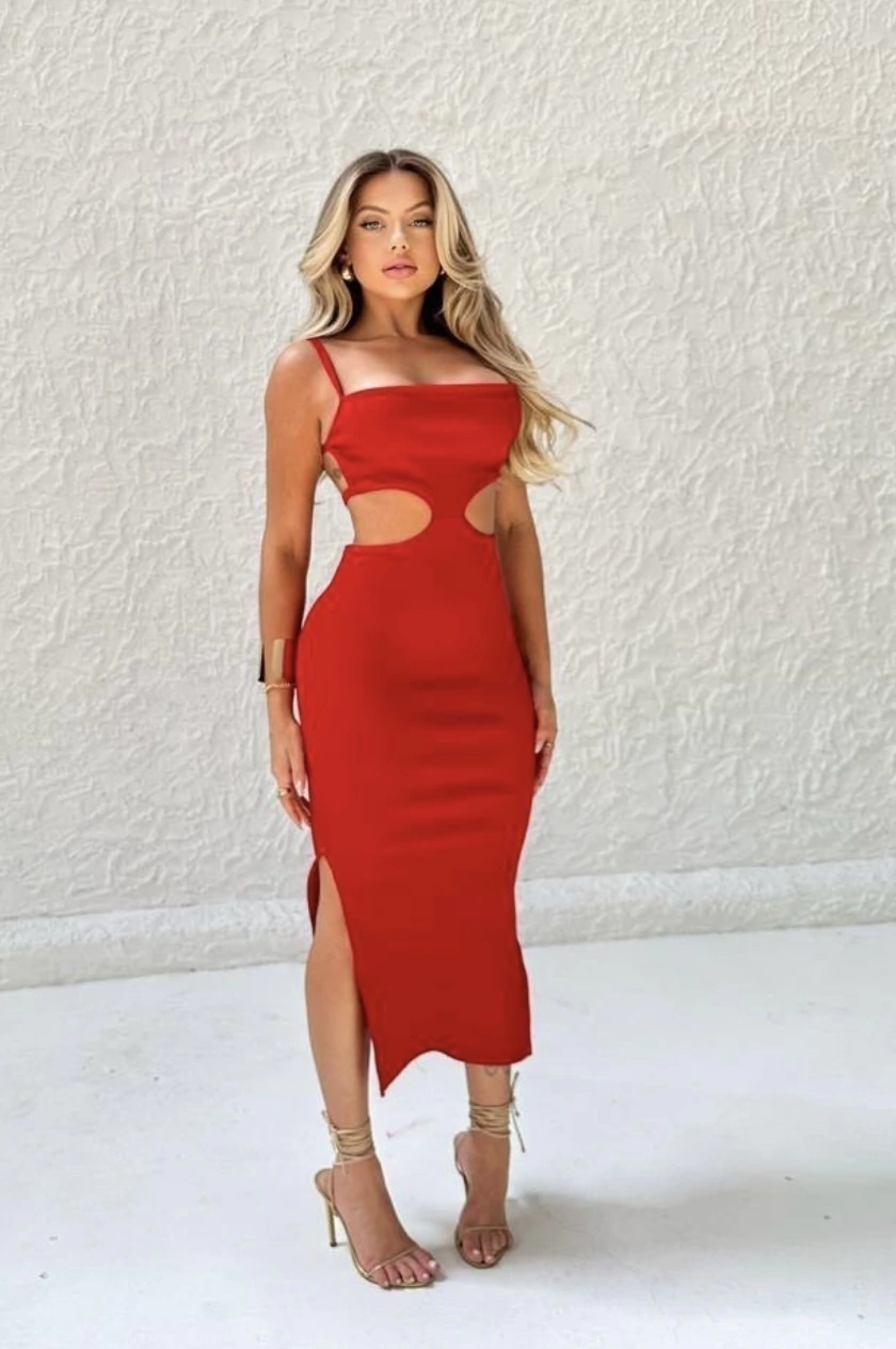 Vestido Midi Canelado com Recorte