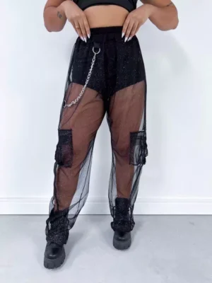 calça de tule wide leg cargo com glitter
