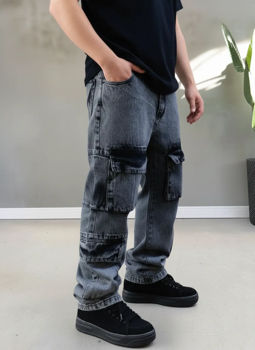 Calça Jeans Baggy Masculina Cargo Bolso Duplo Preta Estonada