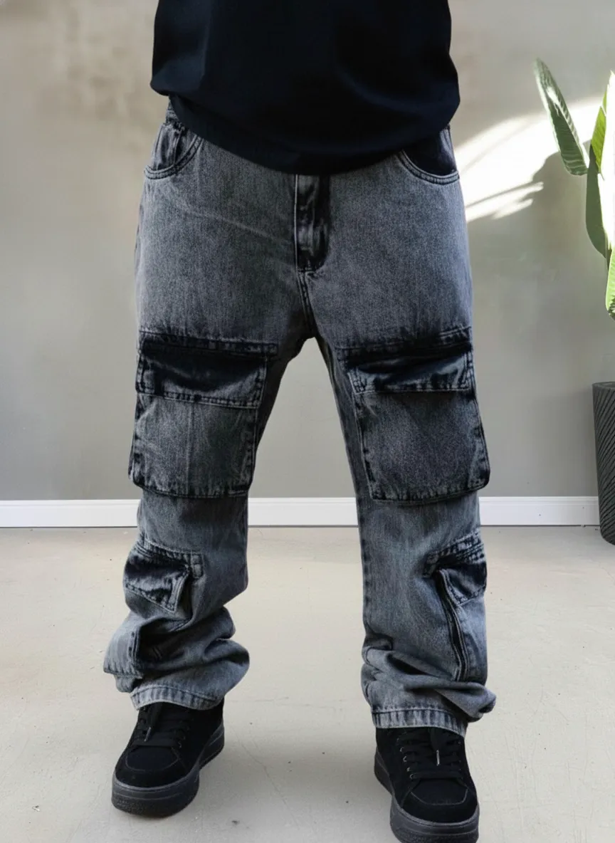 Calça Jeans Baggy Masculina Cargo Bolso Duplo Preta Estonada - Imagem 2