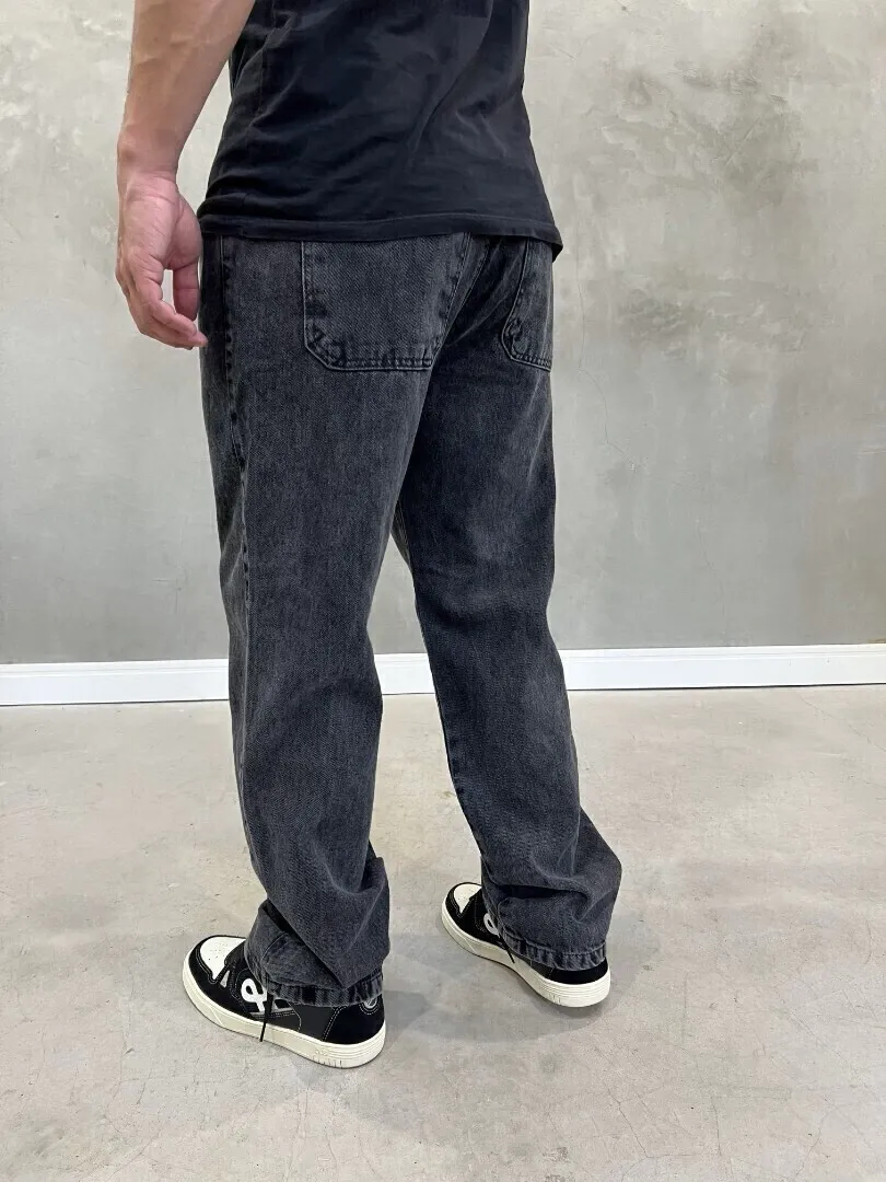Calça Jeans Baggy Masculina Preta Estonada Lisa - Imagem 4