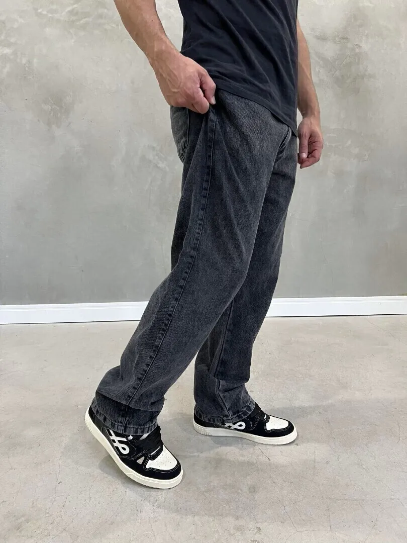 Calça Jeans Baggy Masculina Preta Estonada Lisa - Imagem 3