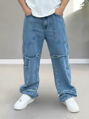 Calça Jeans Baggy Masculina Recorte Cargo