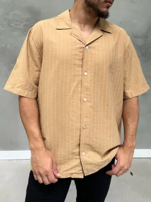 Camisa de Botão Caramelo com Listras