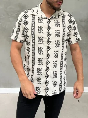 Camisa de Botao Estampas Bordadas Folhagem Tribal