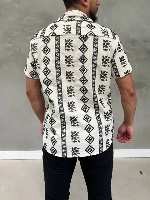 Camisa de Botao Estampas Bordadas Folhagem Tribal