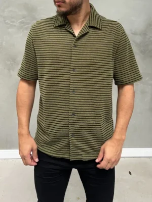 Camisa de Botão Trico Listrado Verde e Preto
