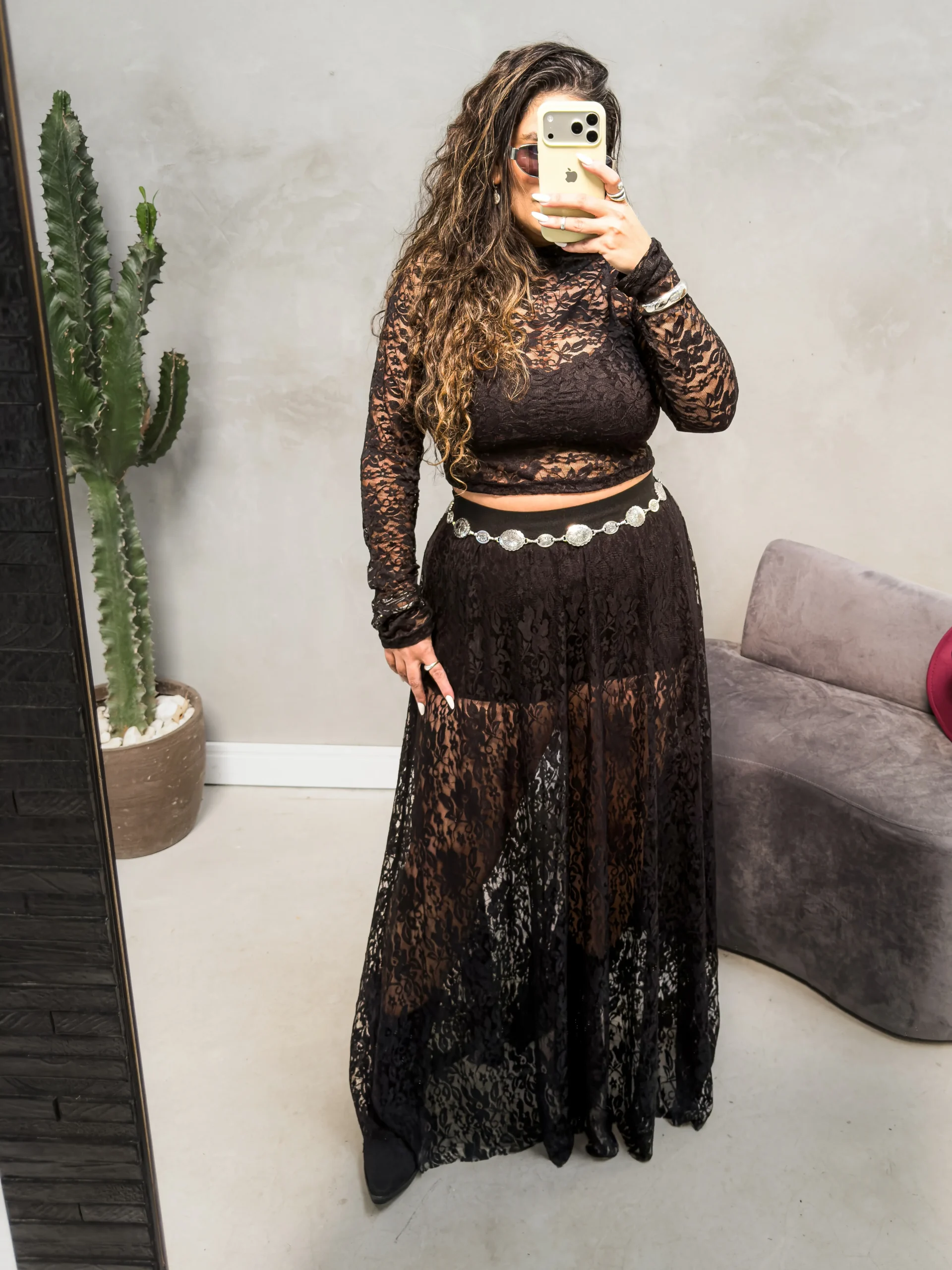 saia longa de renda preta feminina