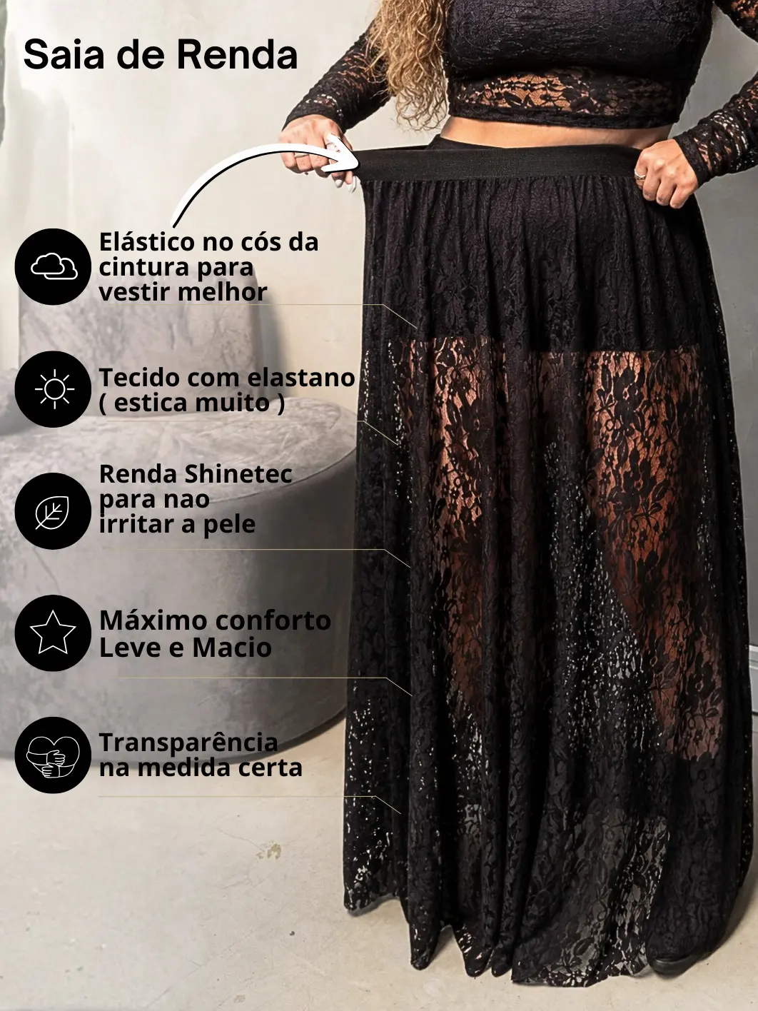 saia longa de renda preta feminina