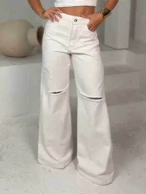 Calça Jeans Wide Leg Off White com Rasgo