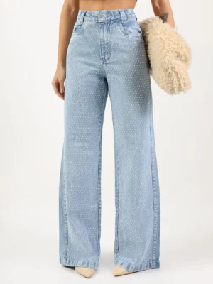 Calça Jeans Wide Leg com Brilho Prata