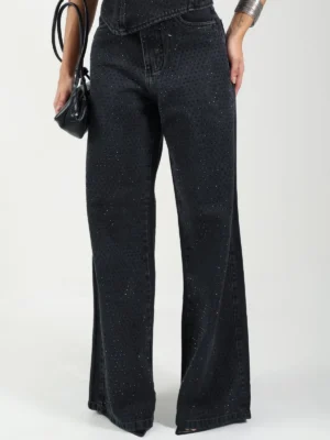 Calça Jeans Wide Leg com Brilho Preto