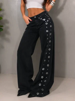 Calça Wide Leg jeans com Ilhos