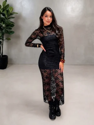 Vestido de Renda Midi Manga Longa Transparente Gola Alta