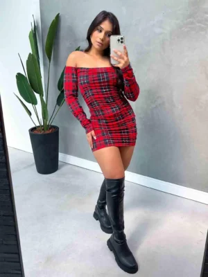 Vestido Xadrez Drapeado Manga Longa