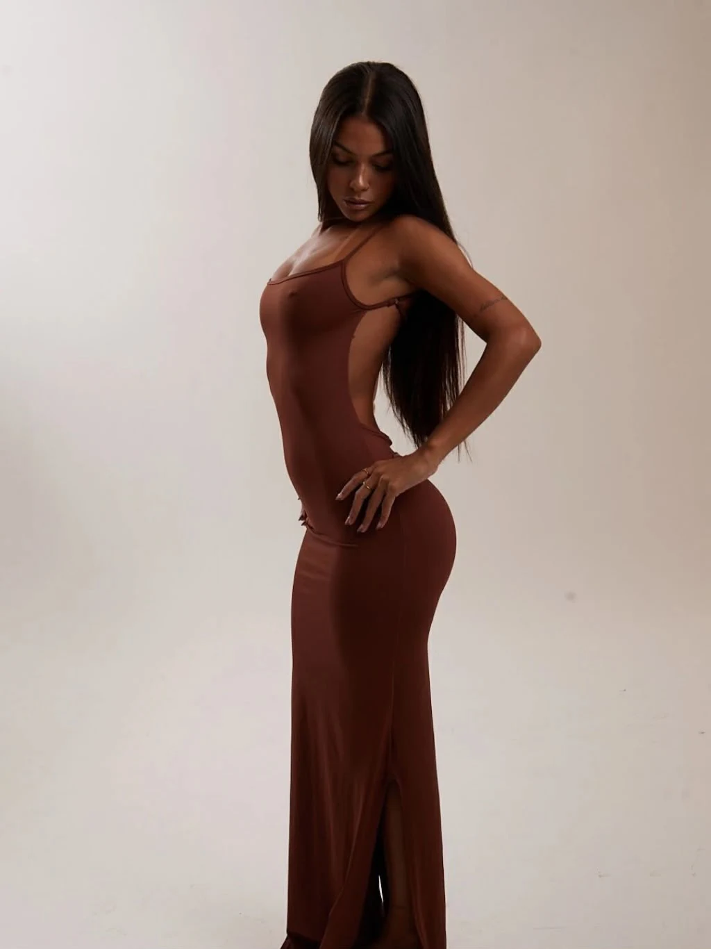 Vestido Longo Decote Costas Alça Regular Poliamida