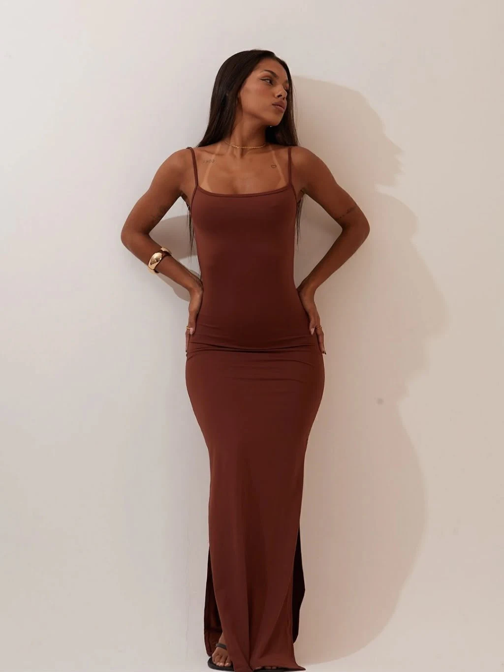 Vestido Longo Decote Costas Alça Regular Poliamida